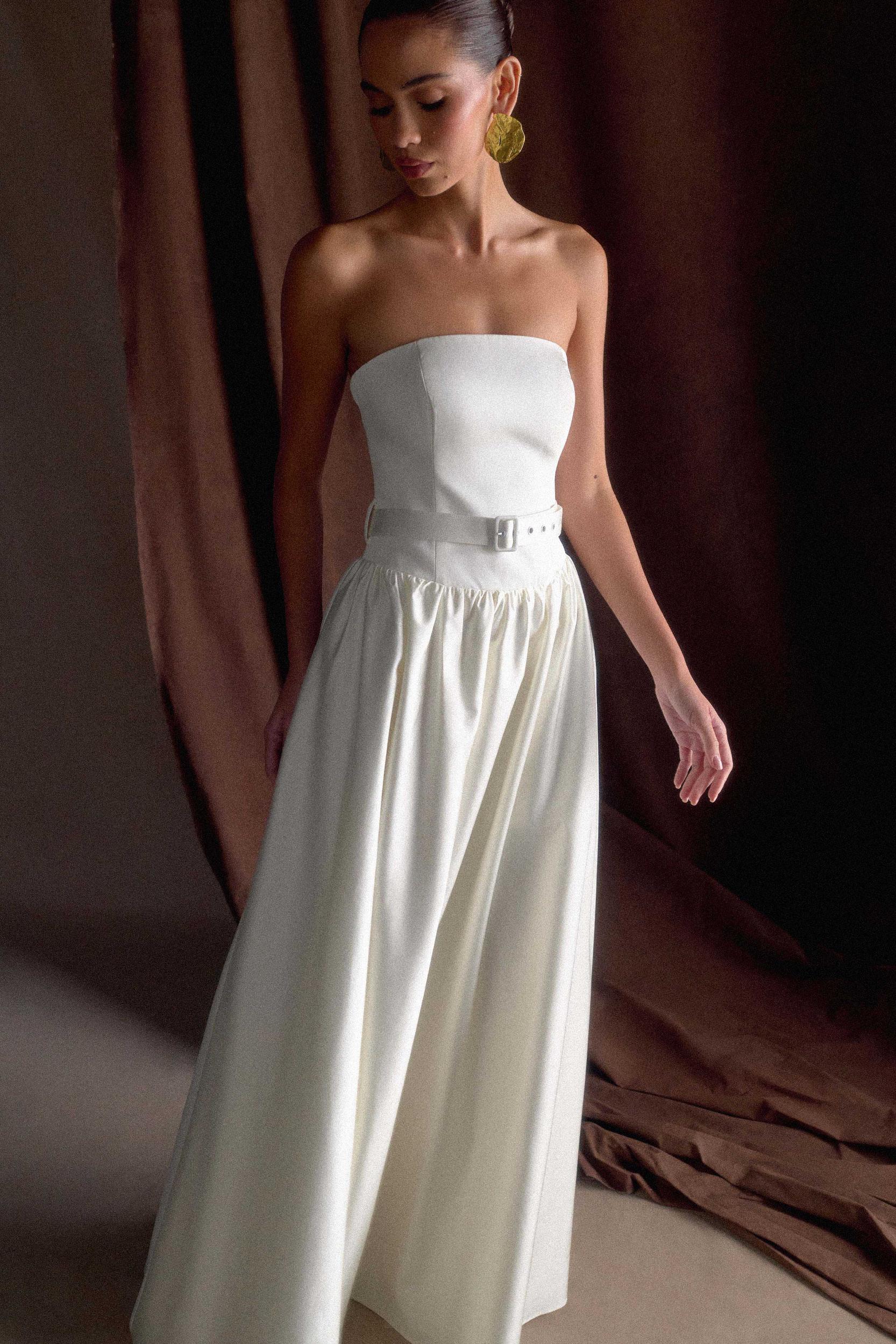 Florence Strapless Belted Maxi Dress - White Product Image