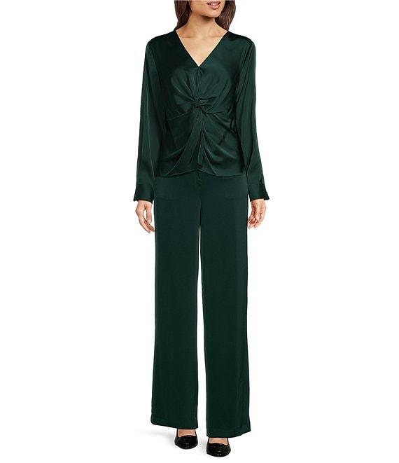 Calvin Klein Crepe V-Neck Long Sleeve Knot Front Blouse Product Image