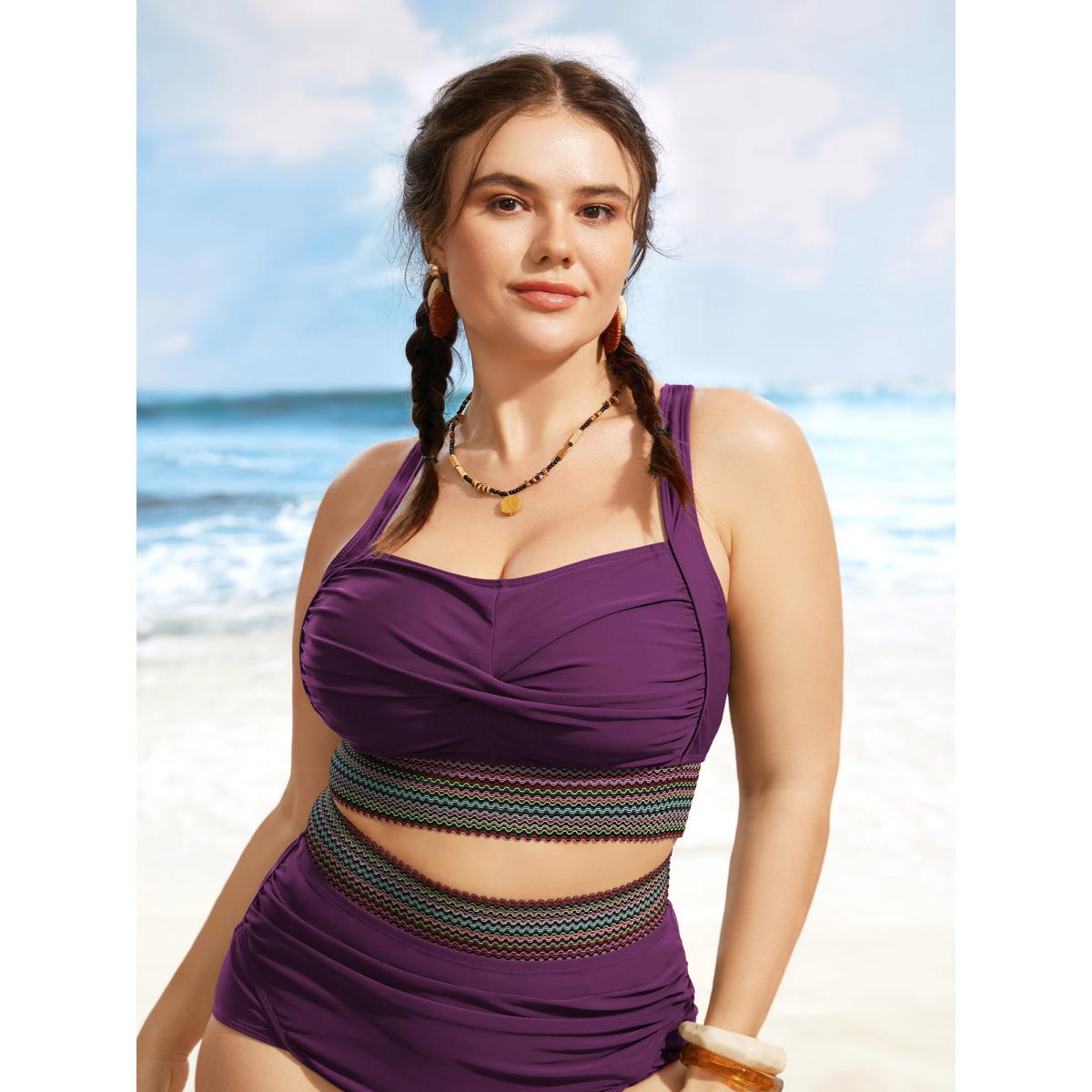 Plus Size Twist Front Patchwork Woven Ribbon Swim Top Women's Swimwear Eggplant Resort Woven ribbon&lace trim High stretch Skinny Heart neckline Curve Swim Tops BloomChic 10/M Product Image