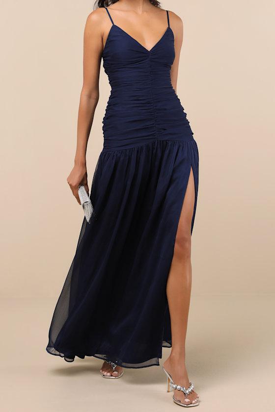 Ronna Navy Ruched Drop Waist Maxi Dress Product Image