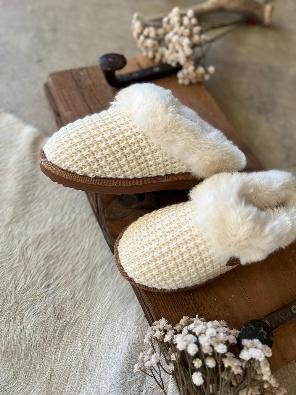Very G Cream Sweater Knit Fuzzy Slippers* Product Image