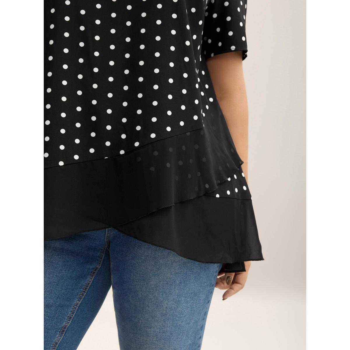 Plus Size Black Polka Dots Spliced Ruffled Hem Shirt Women Short sleeve Round Neck Everyday-Elegant Blouses BloomChic 26/4X Product Image