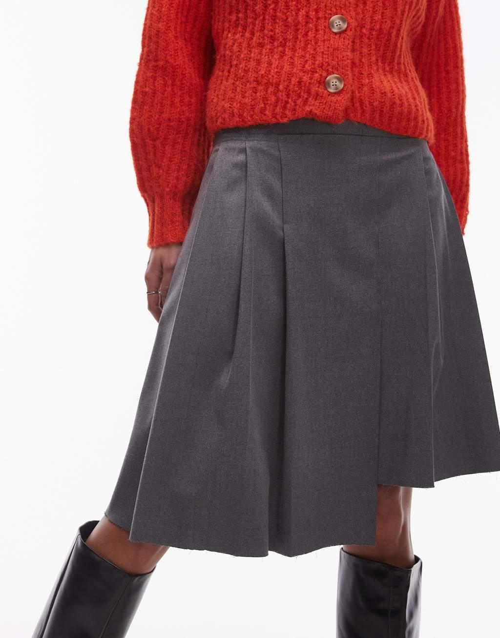 Topshop cutabout pleated kilt in gray Product Image
