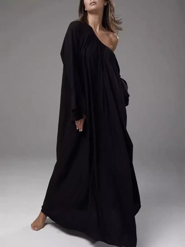 Flared Sleeves Loose Pleated Solid Color Split-Joint Round-Neck Maxi Dresses Product Image