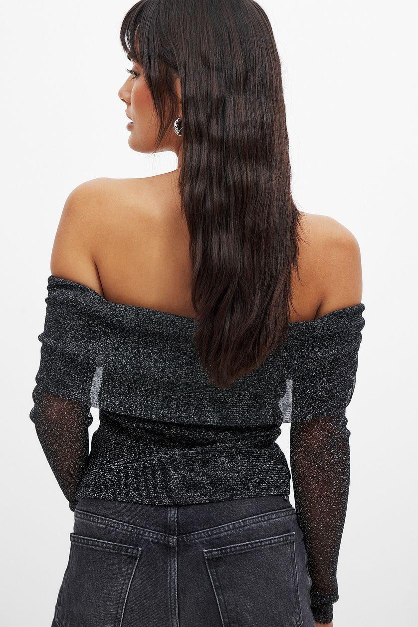 Off Shoulder Glitter Mesh Top Black Product Image