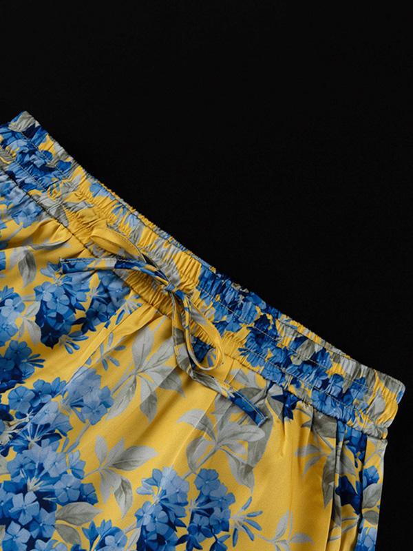 Loose Printed Split-Joint Deep V-Neck Lace-Up Blouse + Drawstring Elasticity Pants Trousers Two Pieces Set Product Image