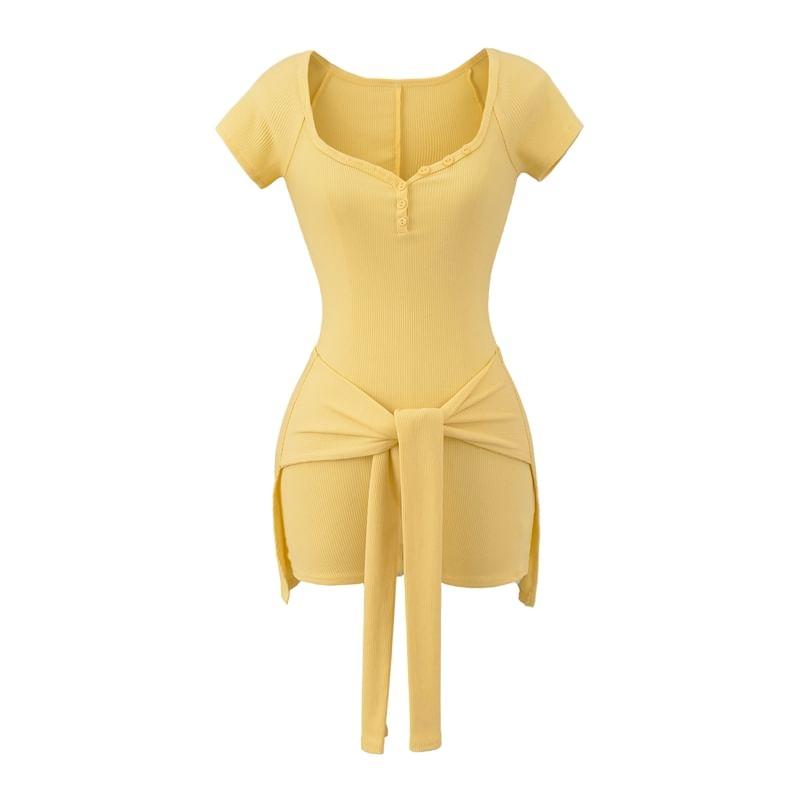 Set: Short-Sleeve V-Neck Plain Romper + Decorative Hem Product Image