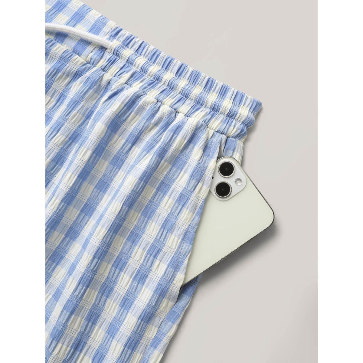 Plus Size Plaid Print Drawstring Wide-Leg Shorts Women LightBlue Casual Drawstring Wide Leg Everyday-Casual Shorts BloomChic 18-20/2X Product Image