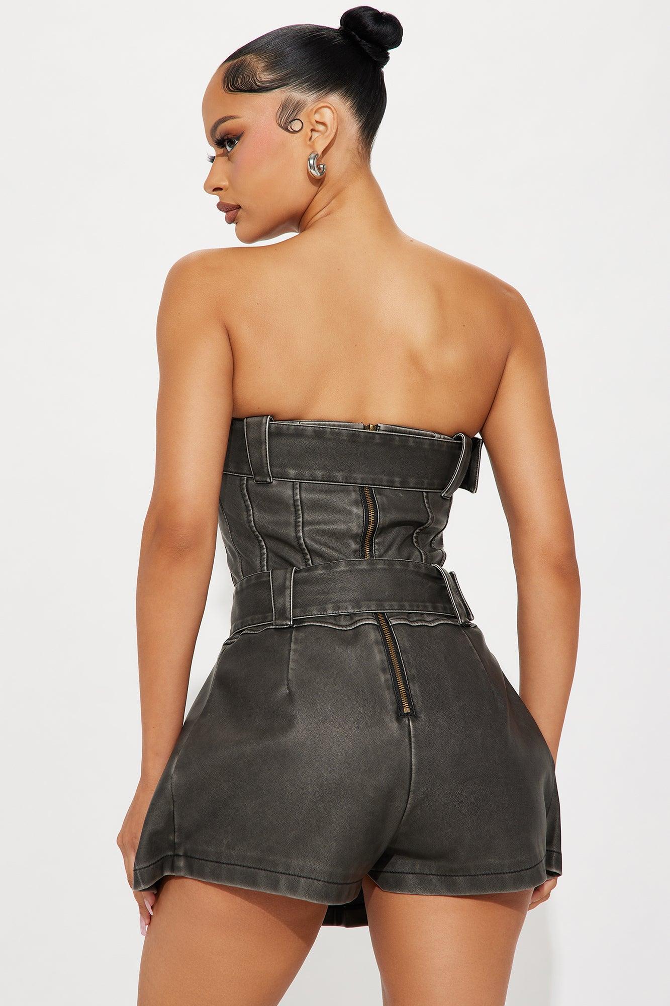 Never be Tamed Faux Leather Romper - Black Product Image