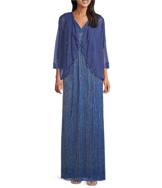 R & M Richards 3/4 Sleeve Surplice V-Neck Matte Jersey Chiffon 2-Piece Jacket Dress Product Image