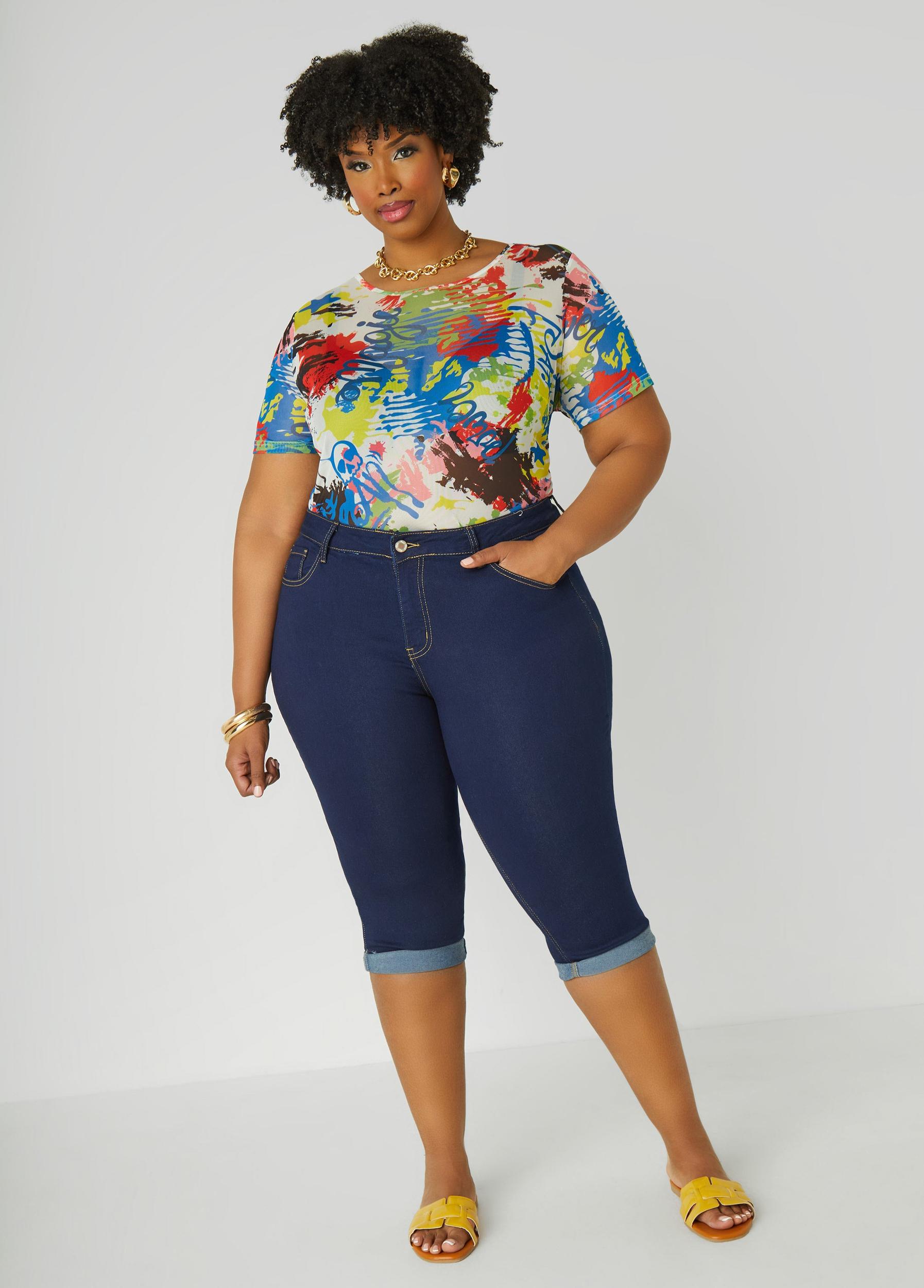 Plus Size Cuffed Mid Rise Denim Capris Ashley Stewart Product Image