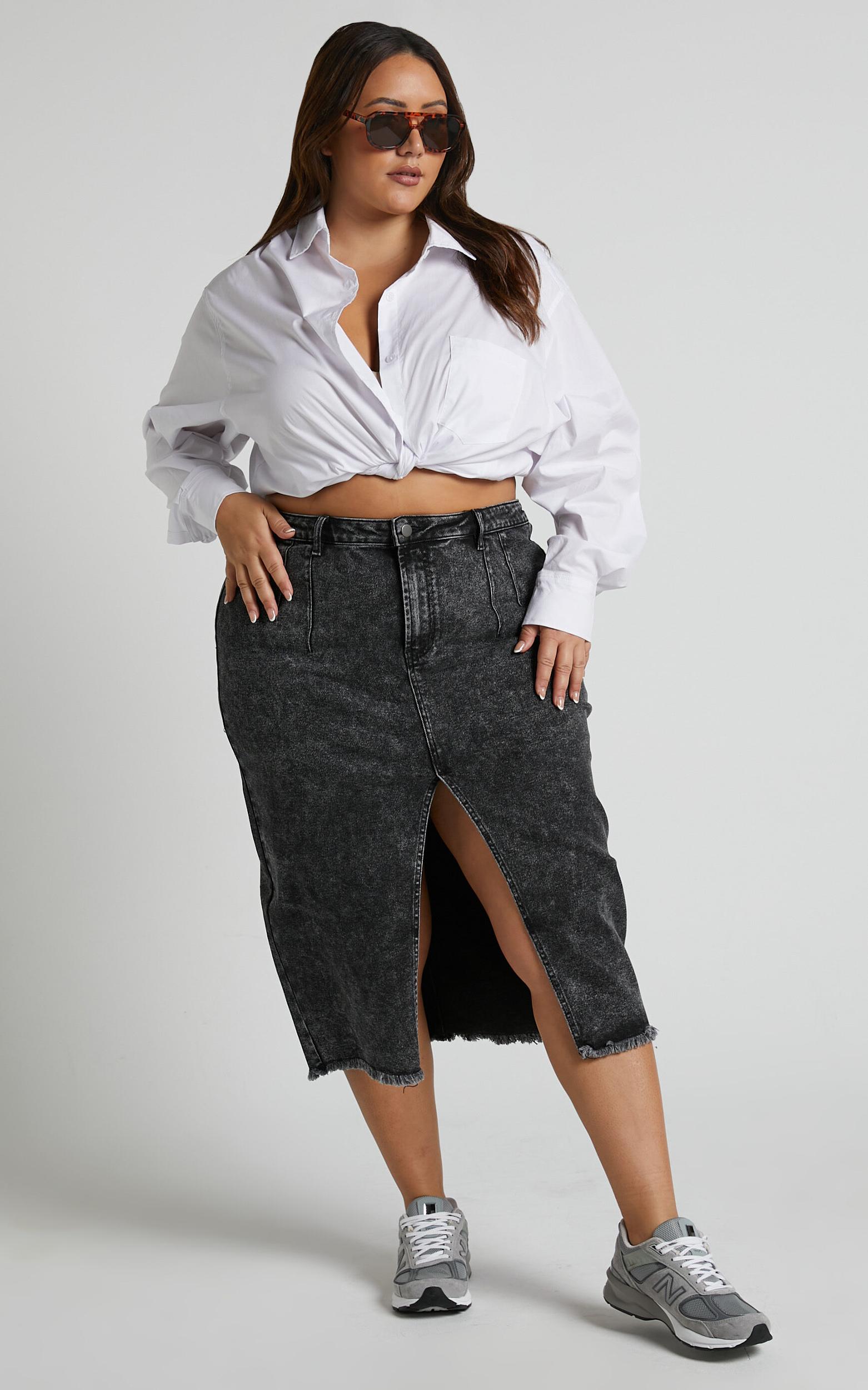 Janeve Midi Skirt - Front Split Denim Skirt in Black Acid Wash Product Image