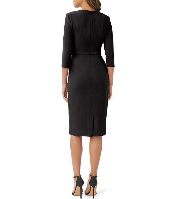 Adrianna Papell Stretch Crepe Crew Neck Tie Waist 3/4 Sleeve Midi Sheath Dress Product Image