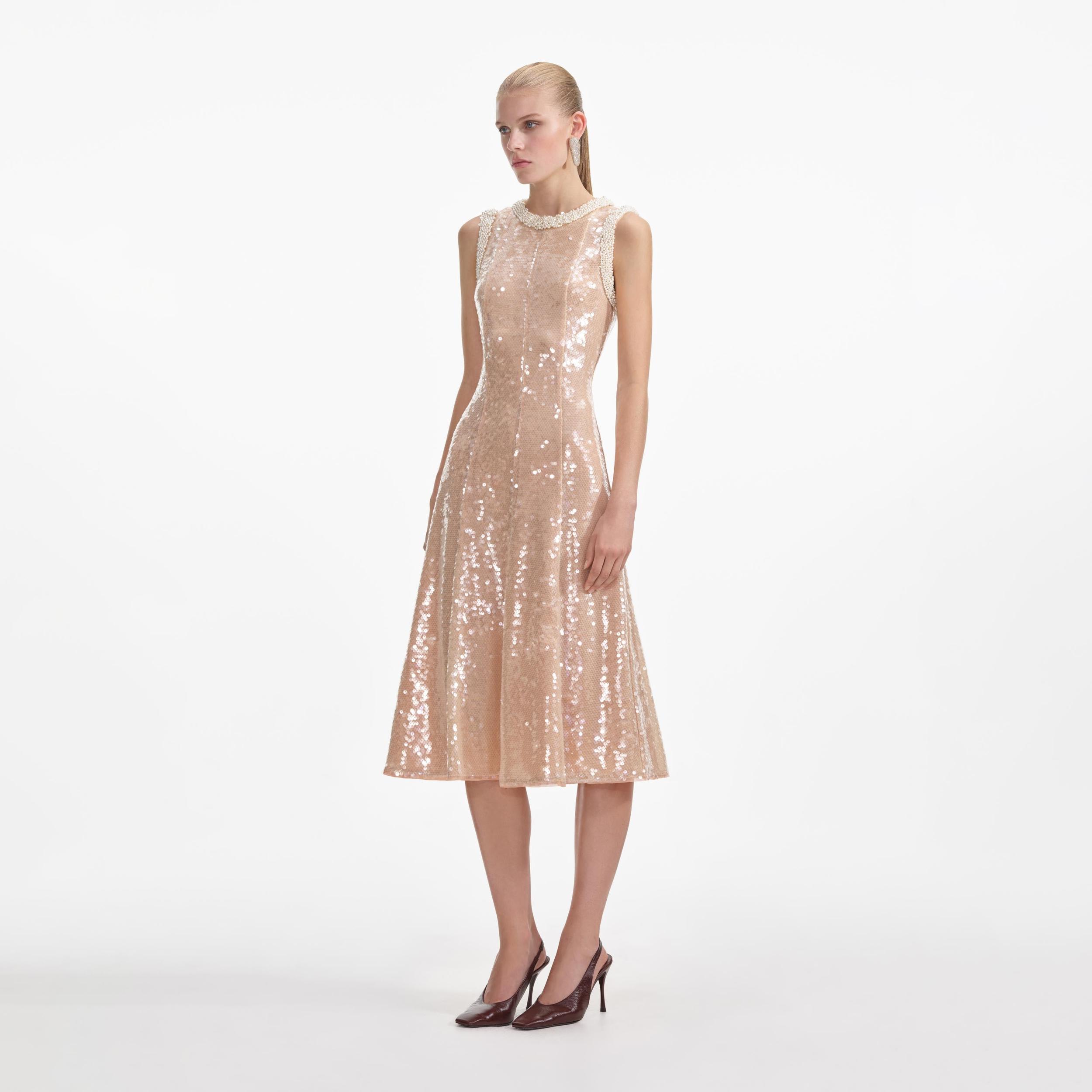 Sequin Pearl Trim Midi Dress Product Image