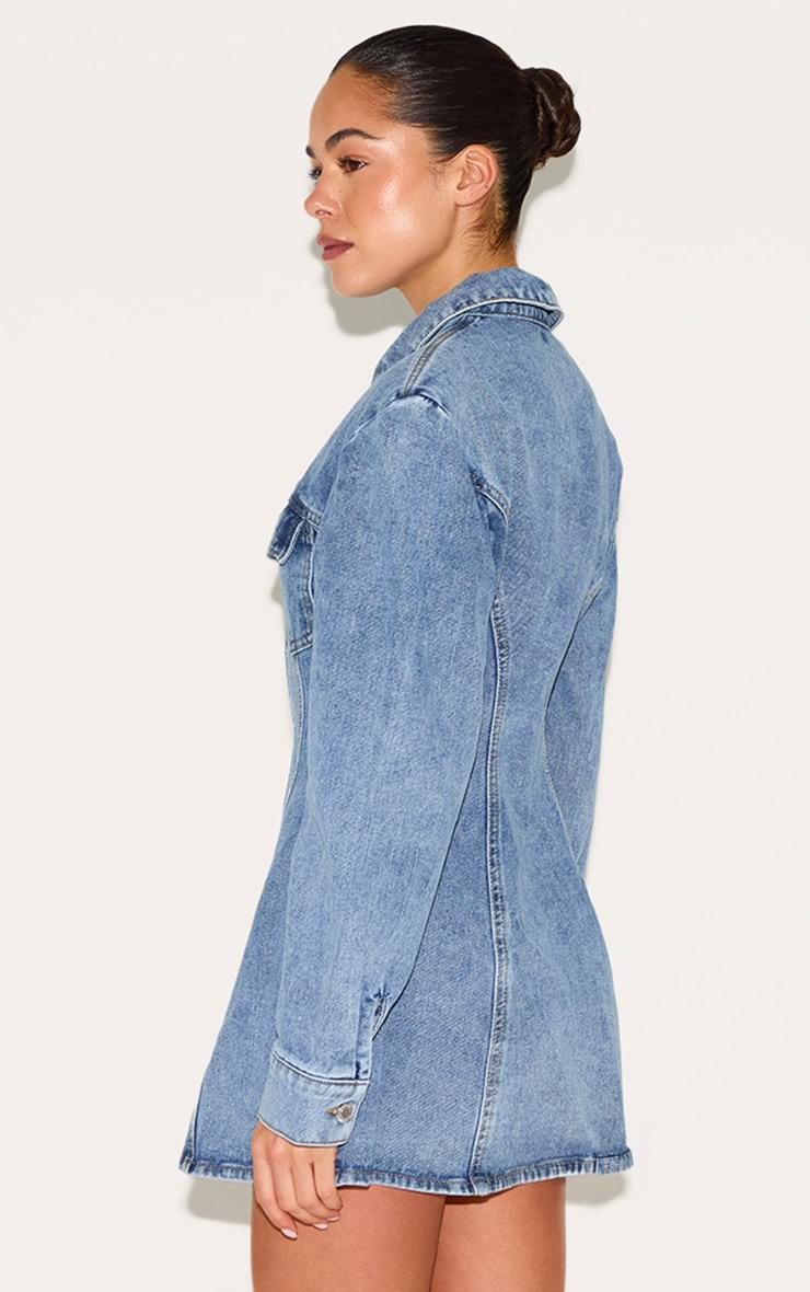 Mid Blue Wash Cinched Waist Denim Shirt Dress Product Image