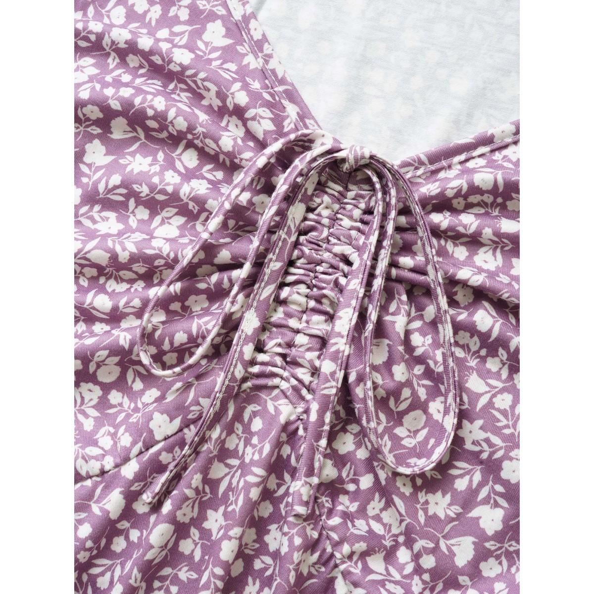 Plus Size Ditsy Floral Drawstring Ruffle Cap Sleeve Dress Mauve Women Casual Drawstring V-neck Cap Sleeve Curvy BloomChic 14-16/1X Product Image