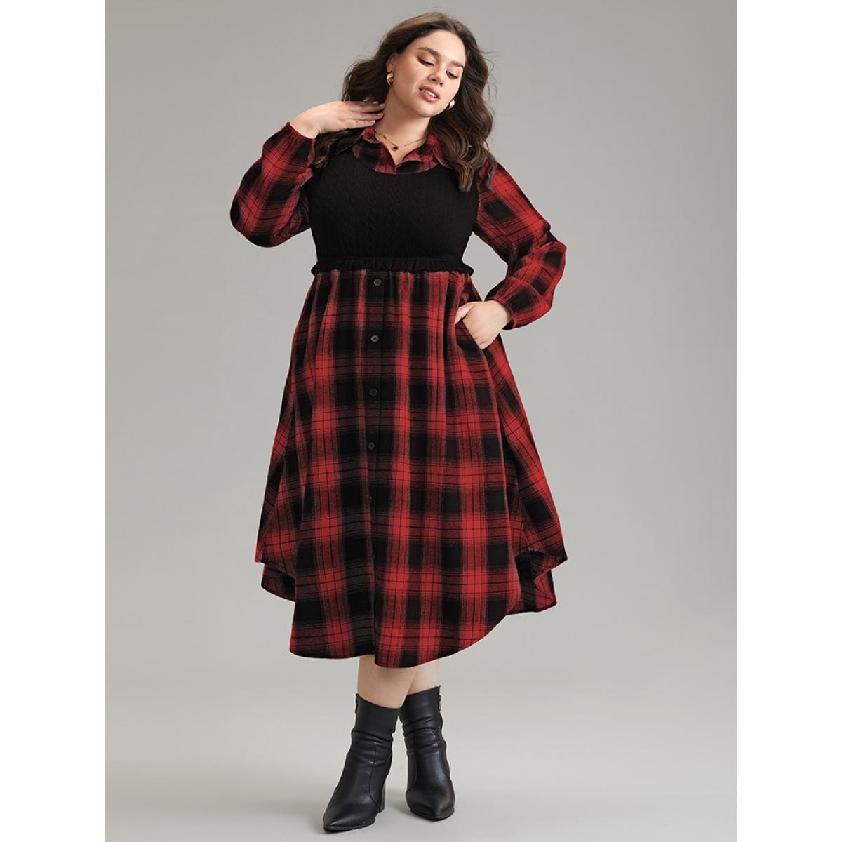 Plus Size Plaid Patchwork Jacquard Button Detail Arc Hem Dress Scarlet Women Casual Elastic cuffs Shirt collar Long Sleeve Curvy Midi Dress BloomChic 18-20/2X Product Image