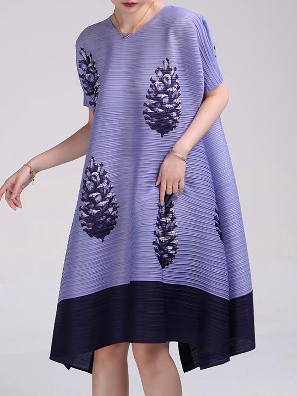 A-Line Loose Flower Print Pleated Round-Neck Midi Dresses Product Image