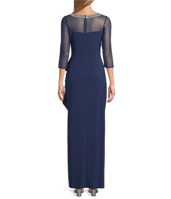 Alex Evenings Petite Size Embellished Boat Neck 3/4 Sleeve Ruched Side Slit Dress Product Image