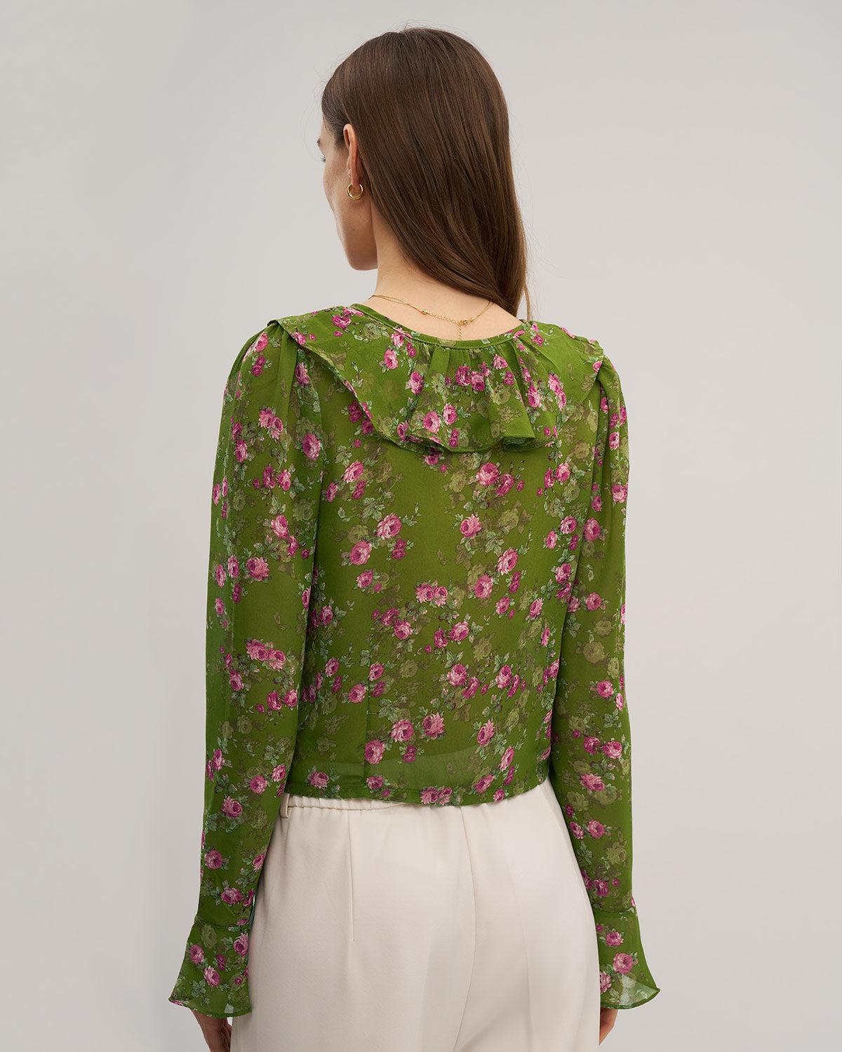 Green Floral Chiffon Ruffle Blouse Product Image