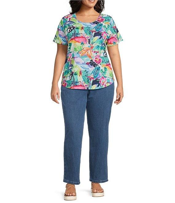 Allison Daley Plus Size Balinese Breeze Print Short Sleeve Crew Neck Knit Top Product Image