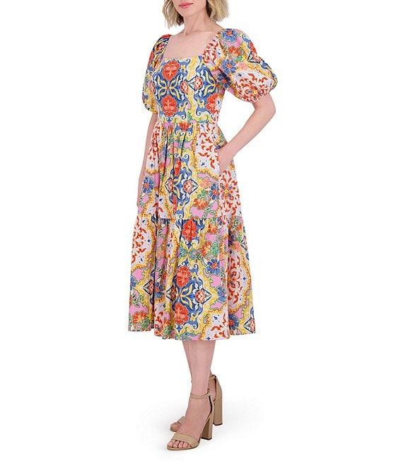 Vince Camuto Floral Print Square Neck Short Puff Sleeve A-Line Midi Dress Product Image