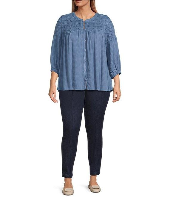 Intro Plus Size Crinkle Gauze Crew Neck 3/4 Sleeve Smocked Romantic Button Front Blouse Product Image