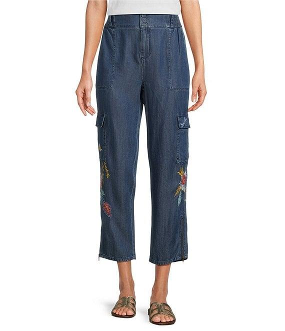 JOHNNY WAS Jane Lightweight Denim Smocked Waist Embroidered Tapered Leg Cargo Ankle Pants Product Image
