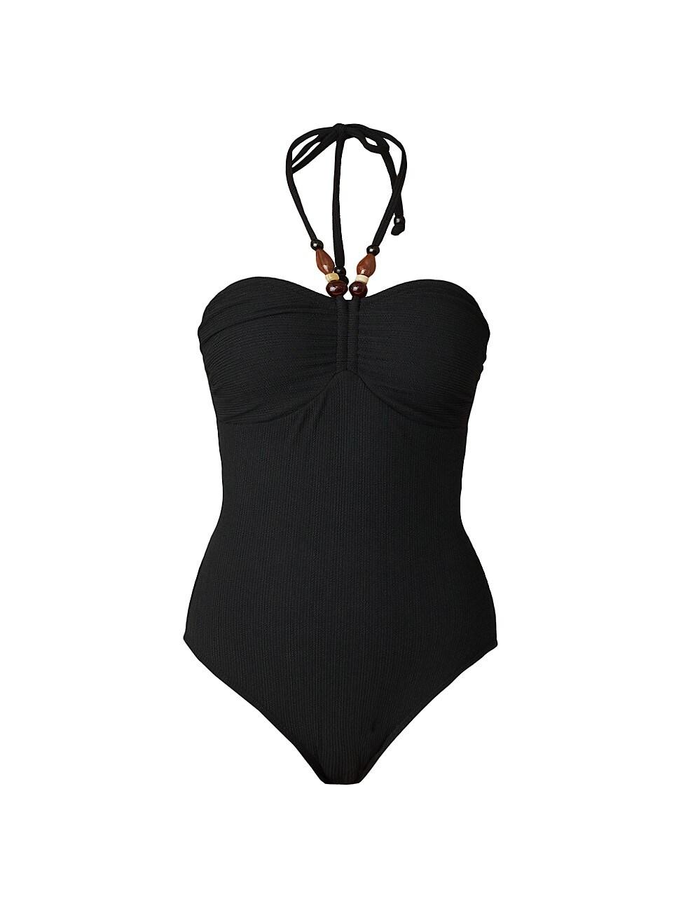 Womens Cinched Beaded Halter One-Piece Swimsuit Product Image