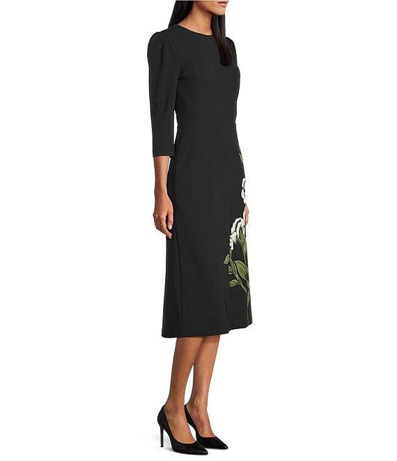 Investments Scuba Crepe Floral Bouquet 3/4 Sleeve Fit And Flare Dress Product Image