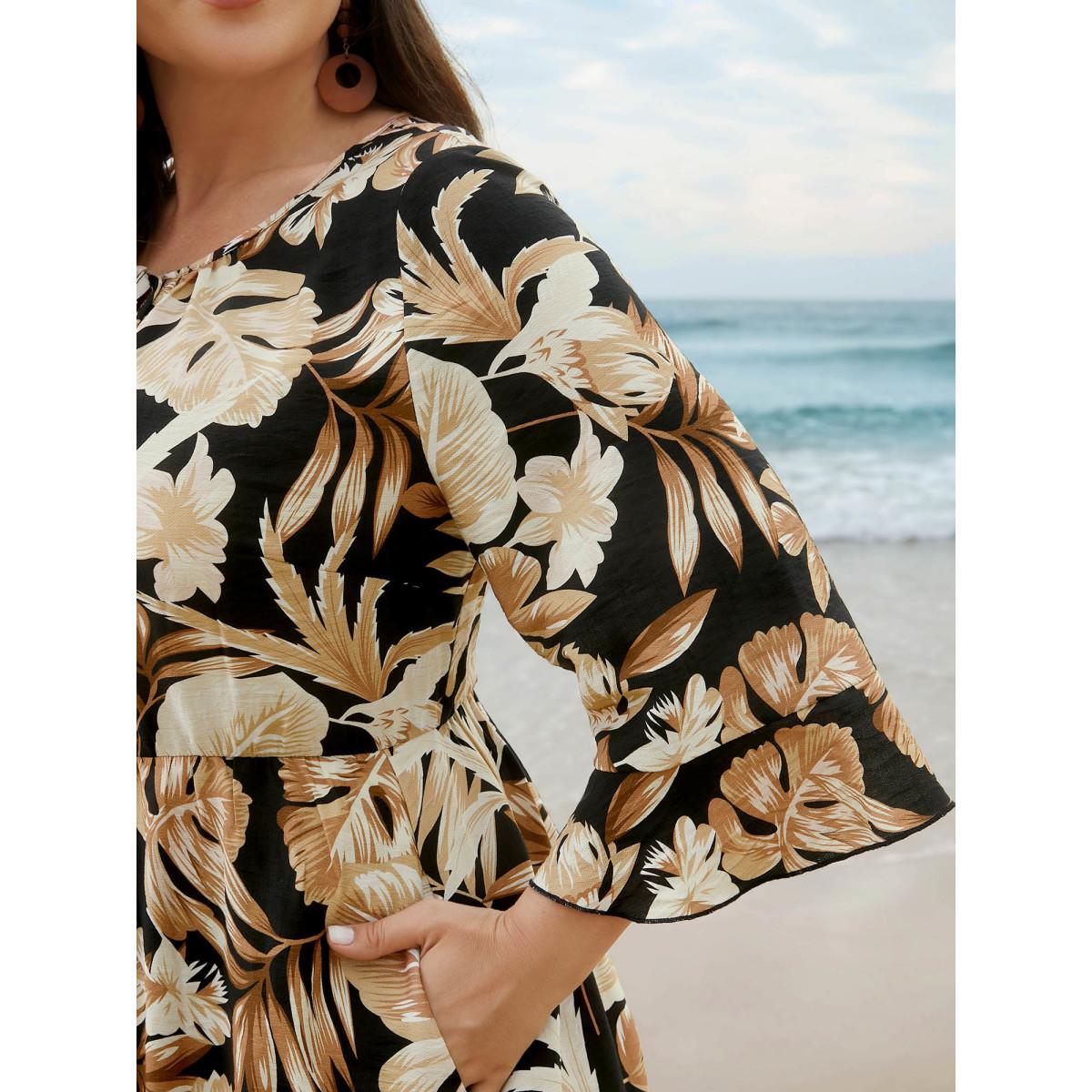 Plus Size Tropical Leaf Print Neck-Tie Tiered Midi Dress Black Women Resort Tie knot Round Neck Elbow-length sleeve Curvy BloomChic 14-16/1X Product Image