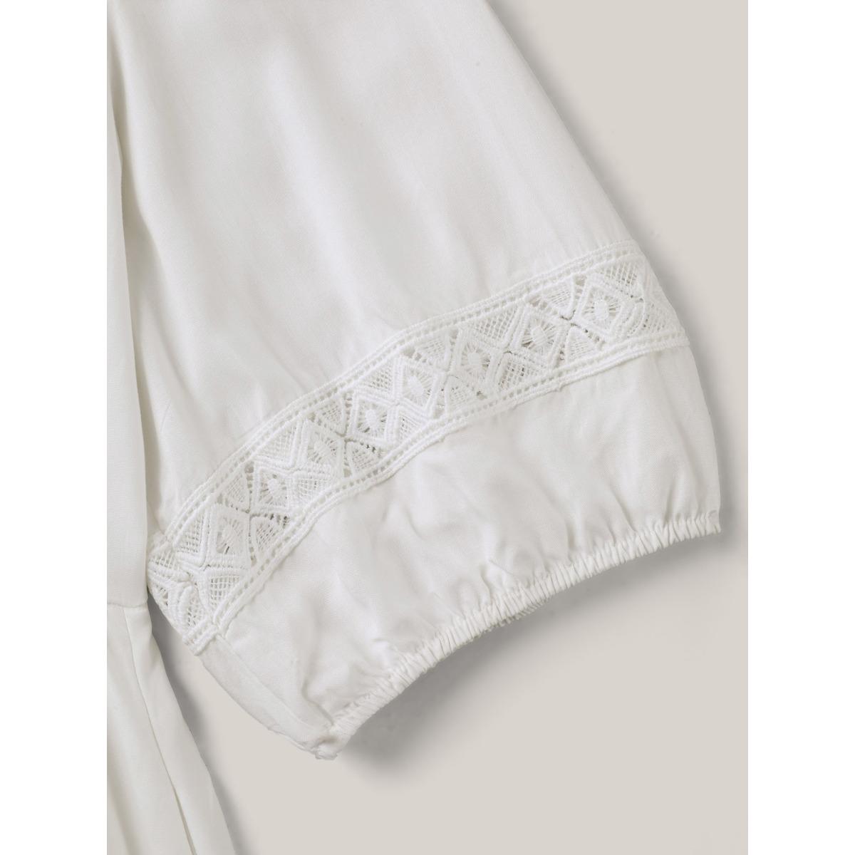 Plus Size Rayon Lace Trim Cinched-Waist Midi Dress Ivory Women Notched collar Half Sleeve Curvy BloomChic 26/4X Product Image