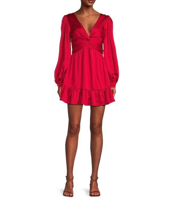 B. Darlin Long Sleeve V-Neck Knot Bubble Twist Satin Dress Product Image