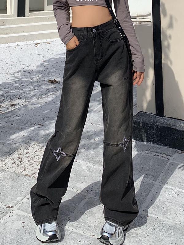 Star Embroidery High Rise Boyfriend Jeans Product Image