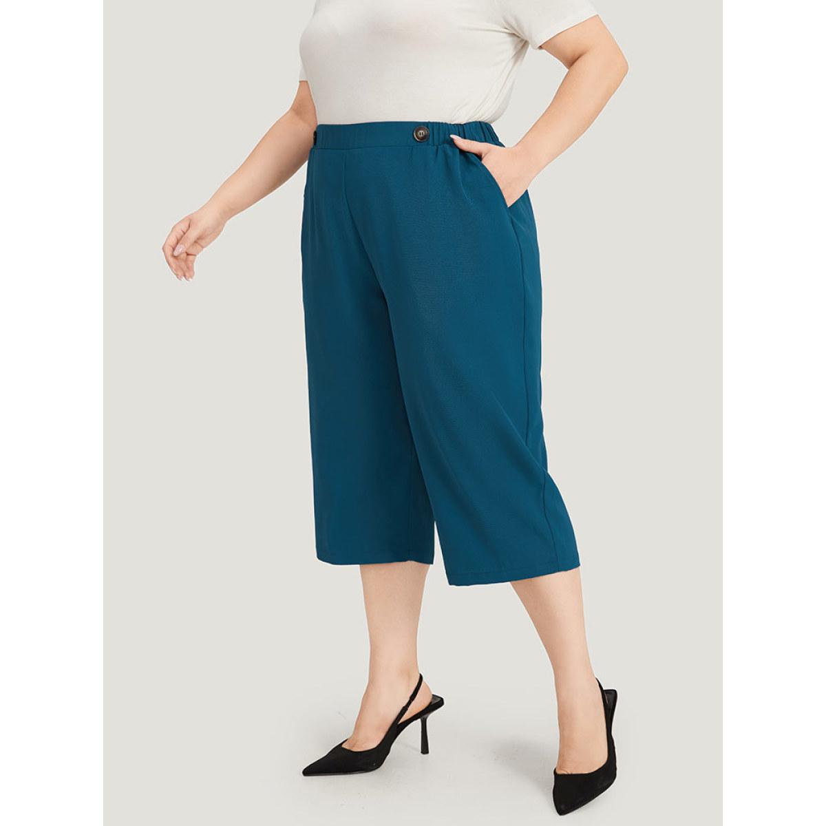 Plus Size Solid Pocket Elastic Waist Button Detail Pants Women Cyan Office Straight Leg Mid Rise Dailywear Pants BloomChic 30/6X Product Image