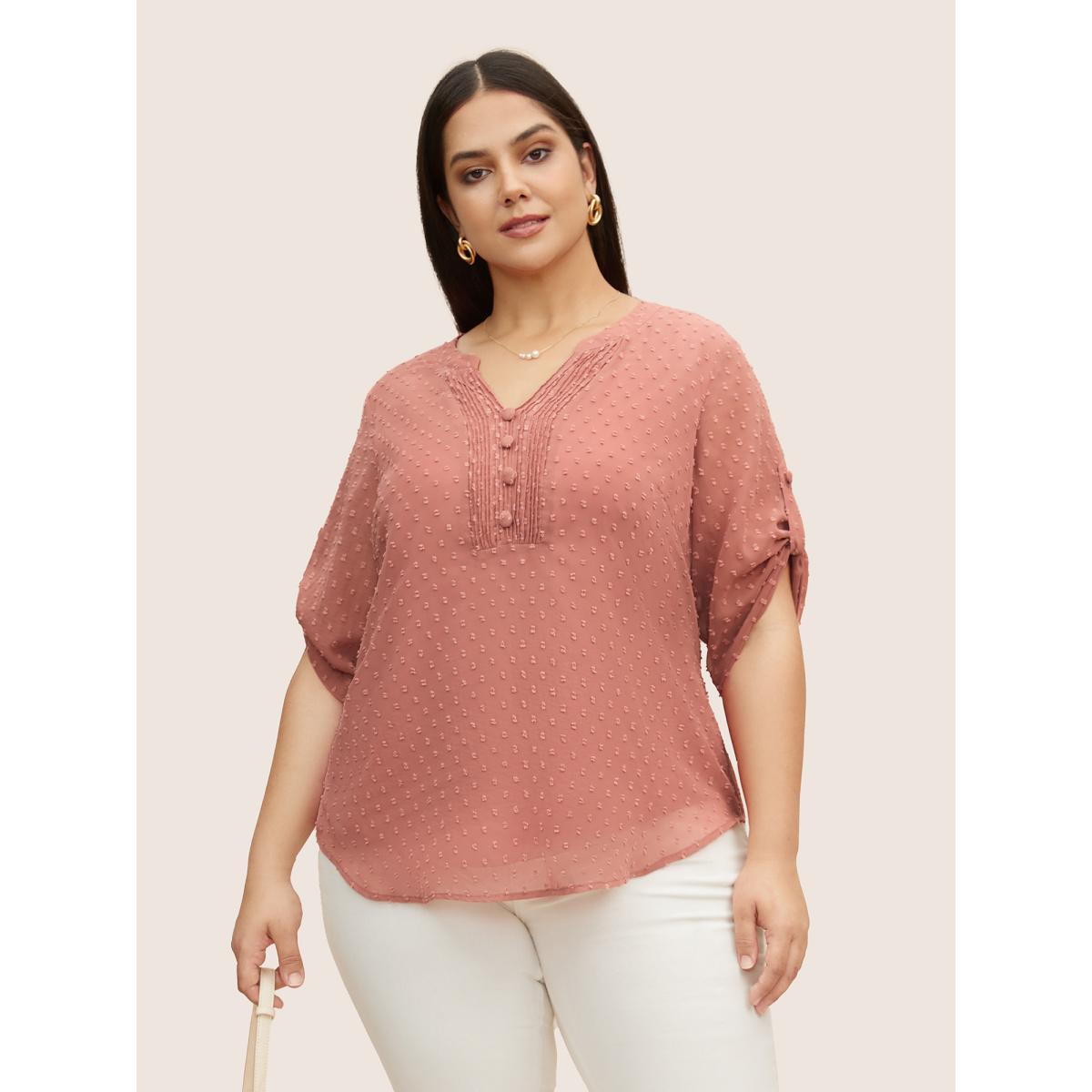 Plus Size DustyPink Chiffon Plain Textured Pleated Tab Sleeve Blouse Women At the Office Elbow-length sleeve Shirt collar Work Blouses BloomChic 14-16/1X Product Image