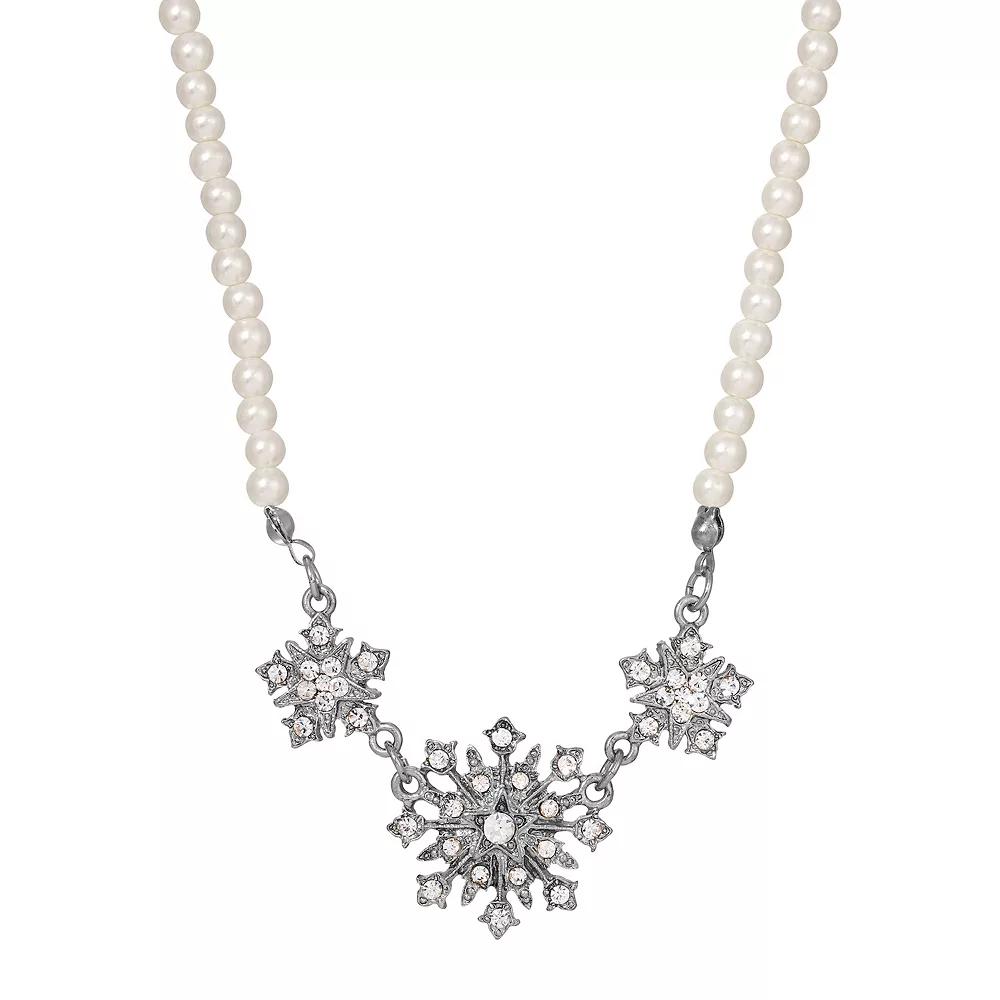 1928 Gold Tone Simulated Pearl & Crystal Starburst Necklace, Women's, Silver White Product Image