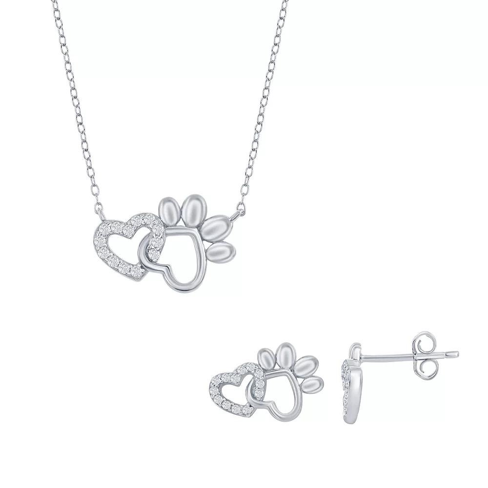 Sterling Silver Cubic Zirconia Heart Paw Print Necklace & Earrings Set, Women's Product Image