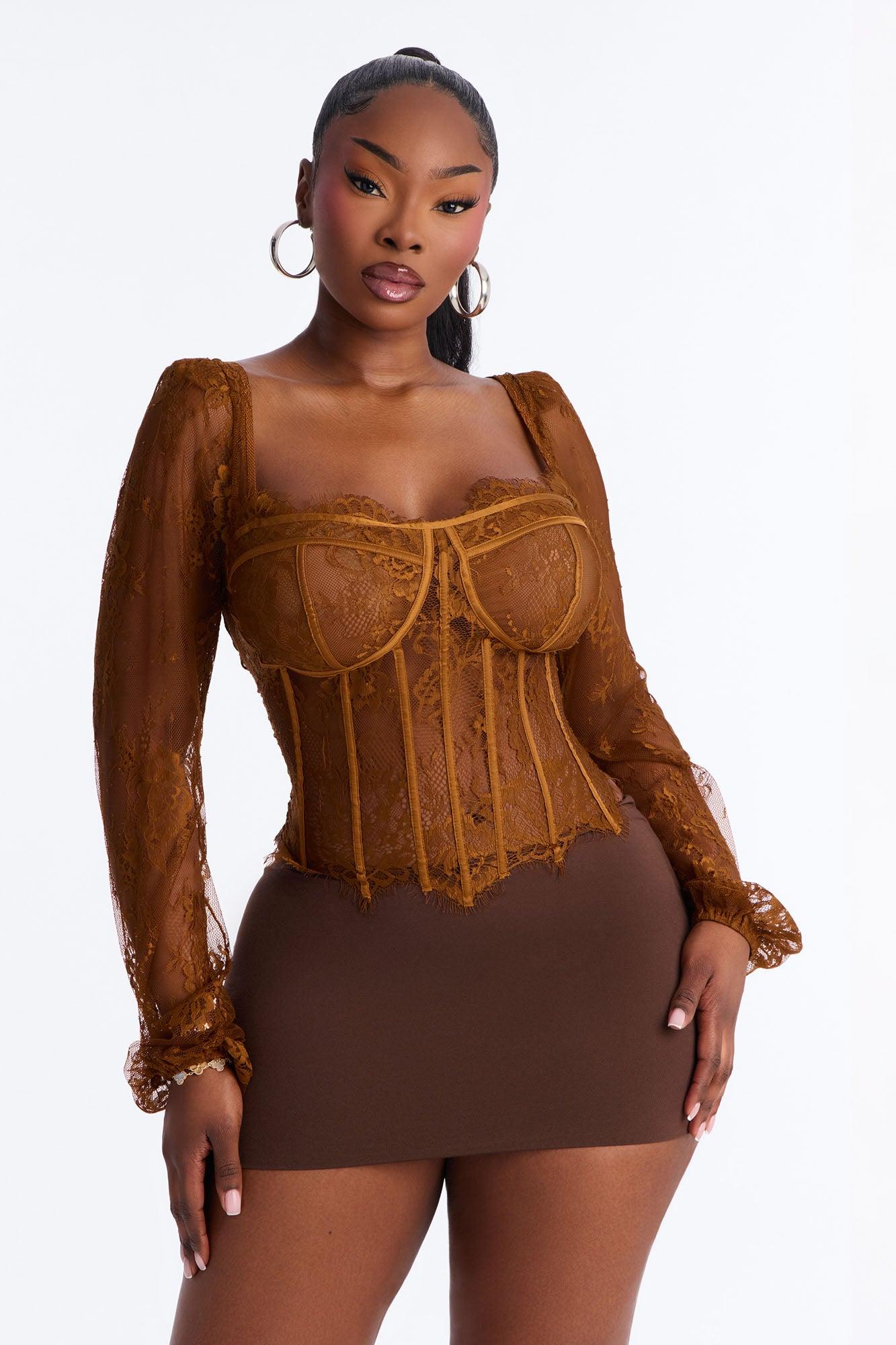 Gilded Glam Lace Bustier Top - Chocolate Female Product Image