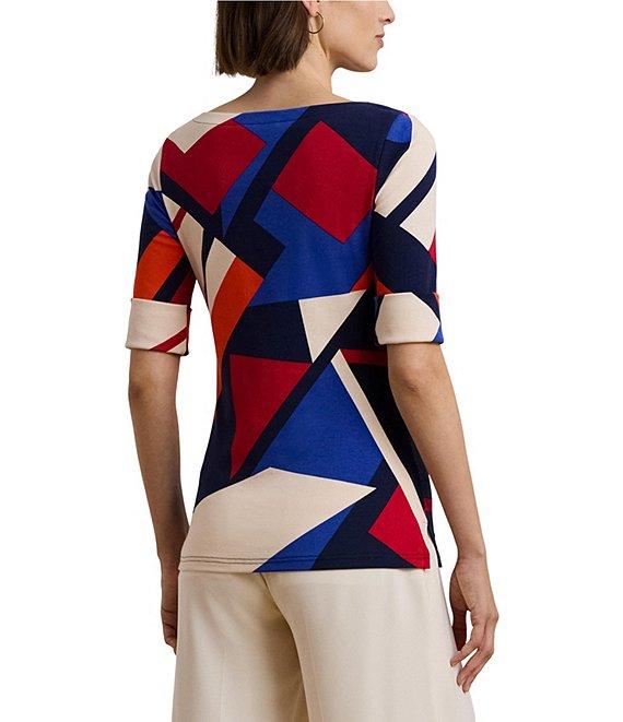 Lauren Ralph Lauren Petite Size Stretch Cotton Abstract Print Boat Neck Elbow Length Sleeve Top Product Image