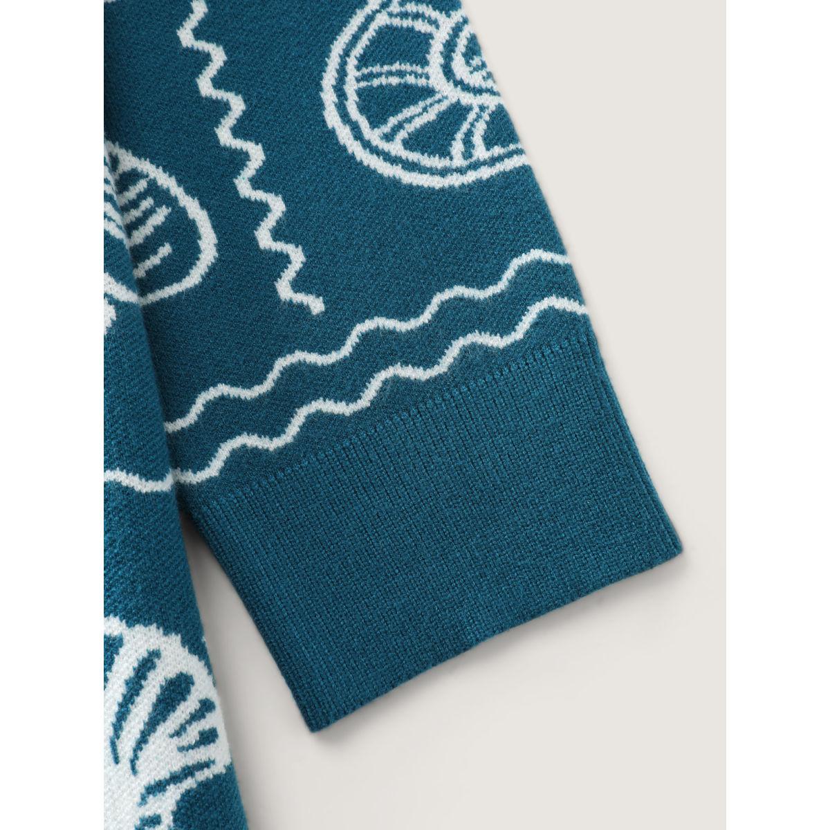 Plus Size Ocean Pattern Jacquard Ribbed Hem Pullover Cyan Women Playful Loose Long Sleeve Round Neck Casual Pullovers BloomChic 18-20/2X Product Image