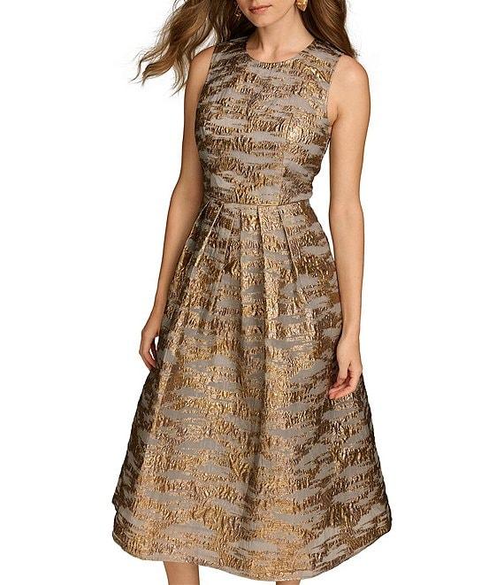 Donna Karan Brocade Crew Neck Sleeveless Metallic A-Line Midi Dress Product Image
