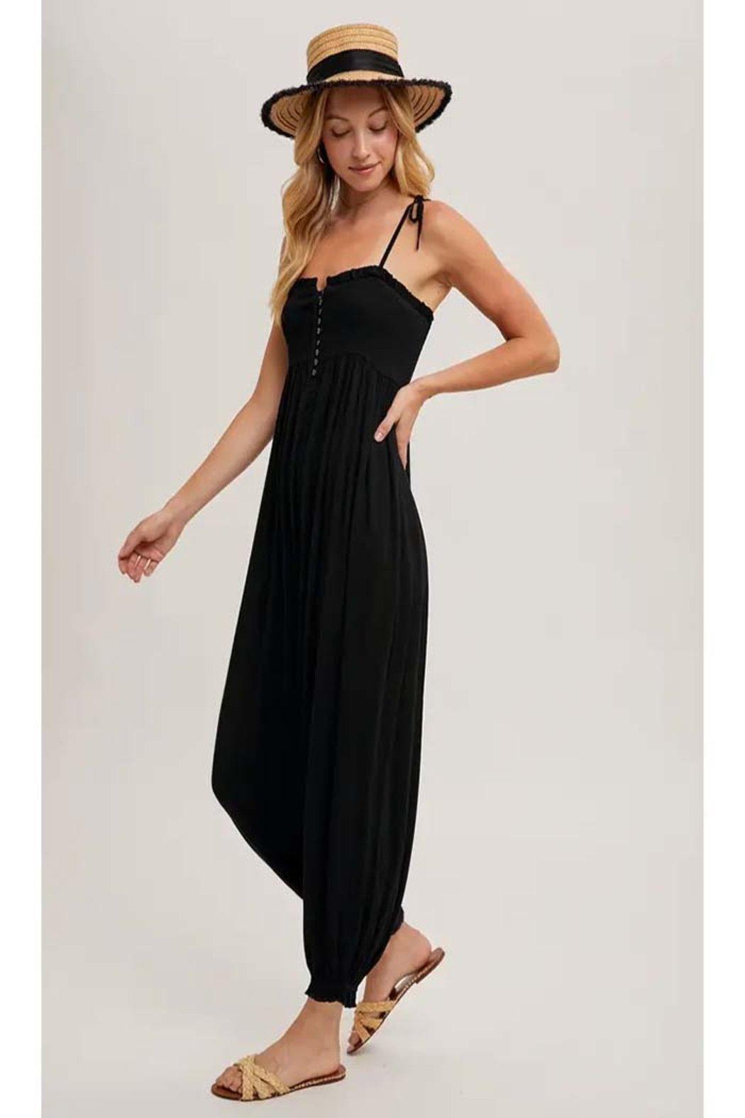 Gauze Smocked Button Front Shoulder Tie Jumpsuit Product Image