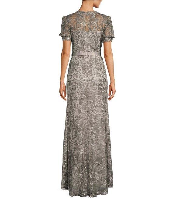 Tadashi Shoji Sheer Puffed Short Sleeve Lace Gown Product Image