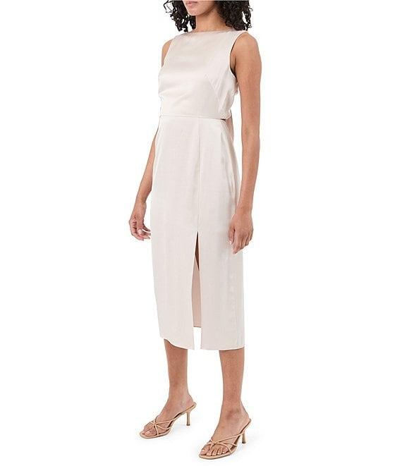 Trina Turk Mochi Satin Boat Neck Sleeveless Sheath Midi Dress Product Image