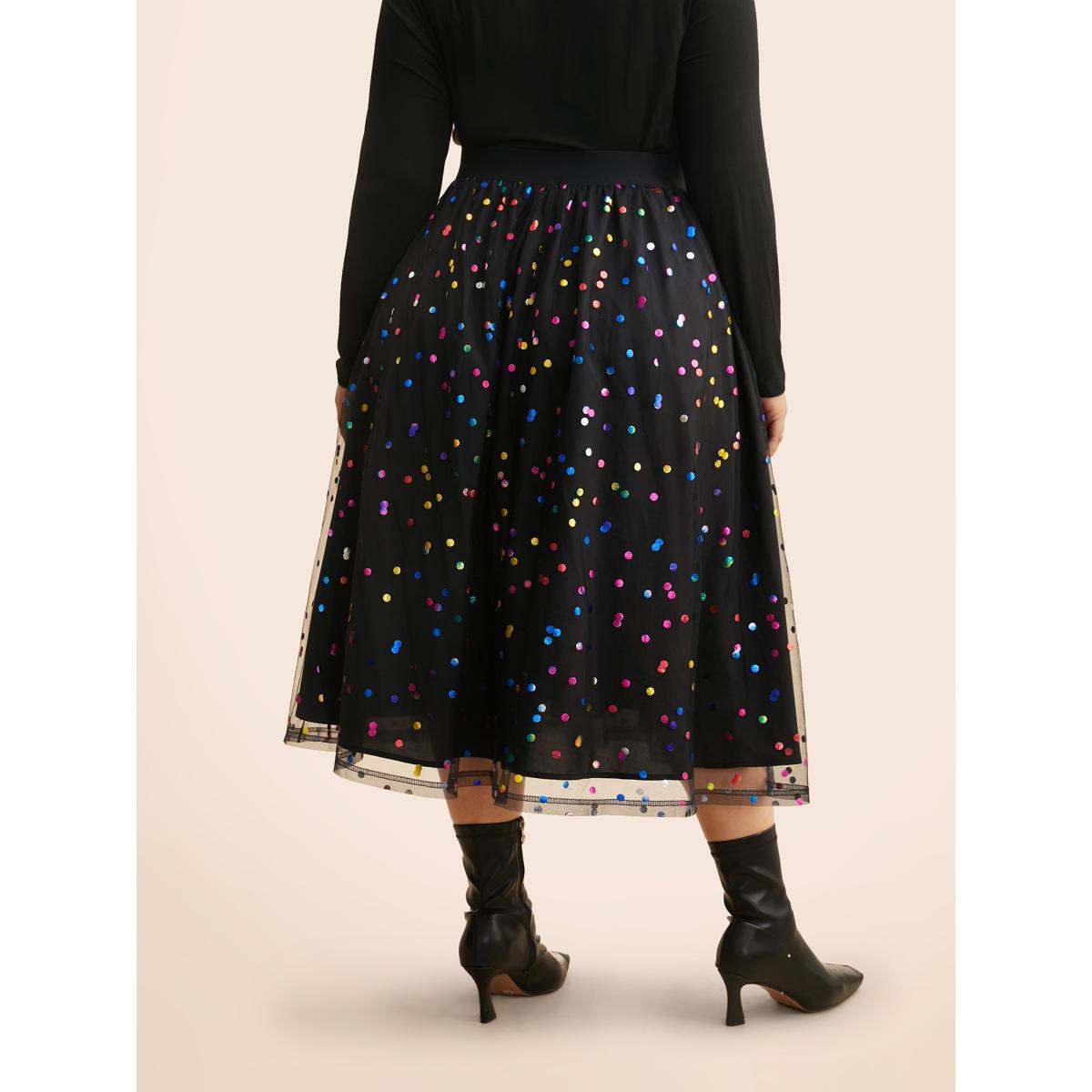 Plus Size Sequin Polka Dot Tiered Mesh Skirt Women Black Cocktail Tiered Loose No stretch Side seam pocket Party Skirts BloomChic 22-24/3X Product Image