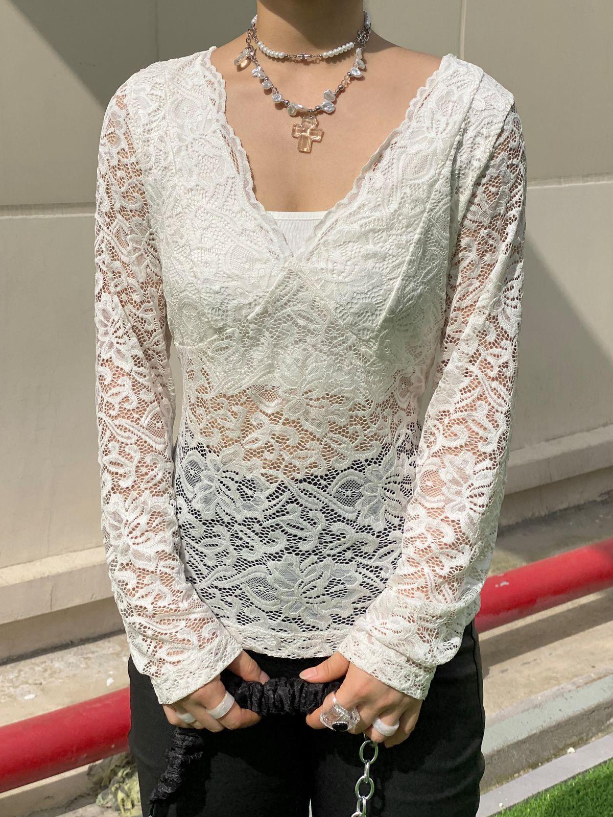 V Neck Long Sleeve Sheer Lace Blouse Product Image
