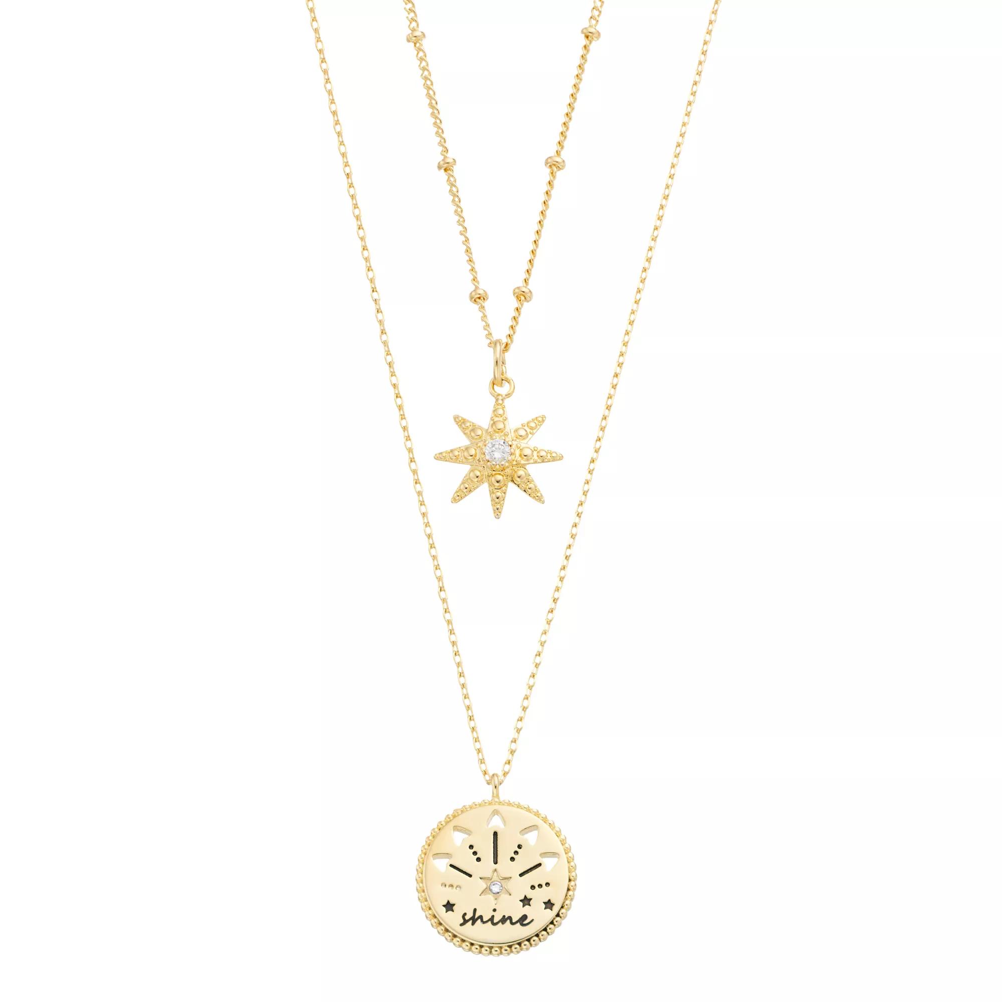 City Luxe 14k Gold-Plated Cubic Zirconia Starburst & "Shine" Duo Pendant Necklaces Set, Women's, Gold Tone Clear Product Image