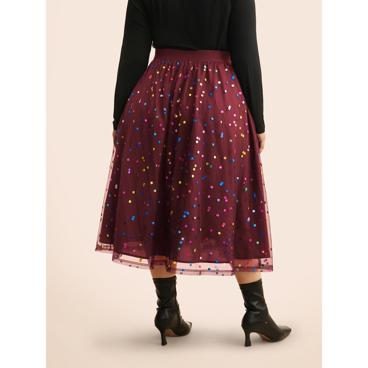 Plus Size Sequin Polka Dot Tiered Mesh Skirt Women Burgundy Cocktail Tiered Loose No stretch Side seam pocket Party Skirts BloomChic 14-16/1X Product Image