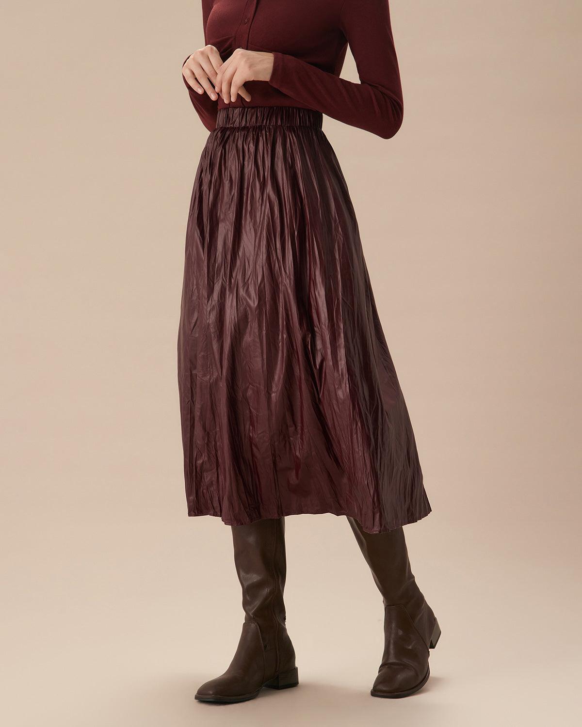 Wine Red Elastic Waist Ruched Midi Skirt Product Image